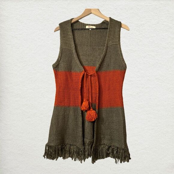 Aryeh Boho Fringe Knit Vest Orange & Olive Colorblock Open Cardigan Top Sz M Y2K - Picture 1 of 10